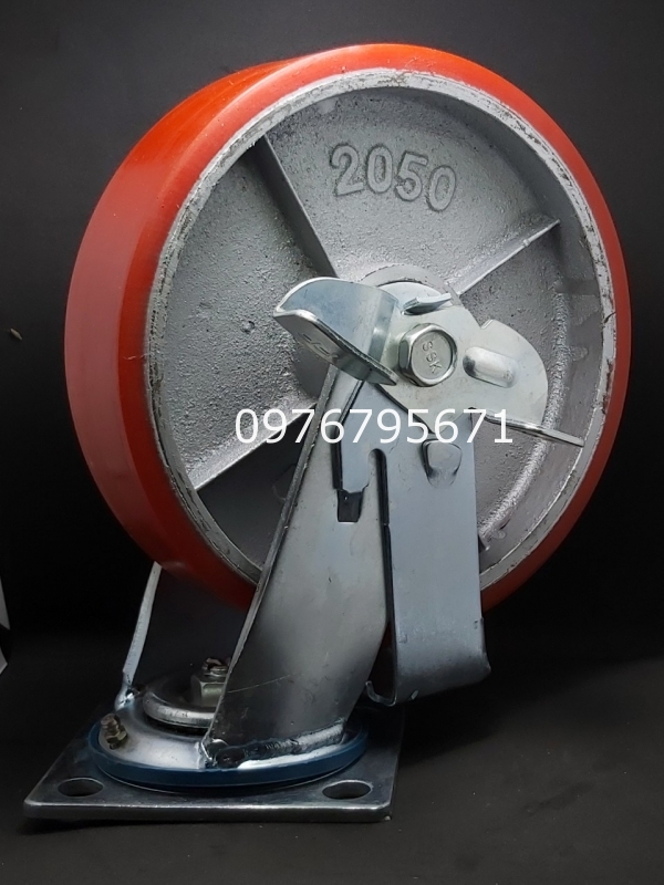 Bánh xe đẩy pu gang 200x50 khoá xoay càng 6mm
